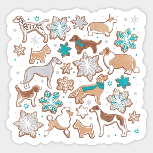 Catching ice and sweetness // spot // white background gingerbread white brown grey and dogs and snowflakes turquoise details Sticker